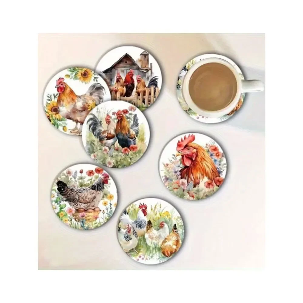NWT 6pc Farmhouse Rooster Wooden Coaster Set Country Chic Kitchen Decor MDF Wood